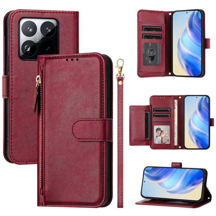 

For Xiaomi 15T 5G Multi-Card Slots Zipper Wallet Leather Phone Case(Dark Red)