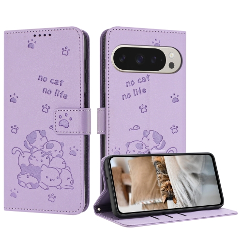 

For Google Pixel 9 Pro XL Embossed Kitten Phone Leather Case with Lanyard(Purple)