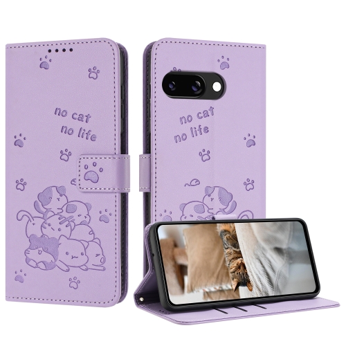 

For Google Pixel 9a Embossed Kitten Phone Leather Case with Lanyard(Purple)