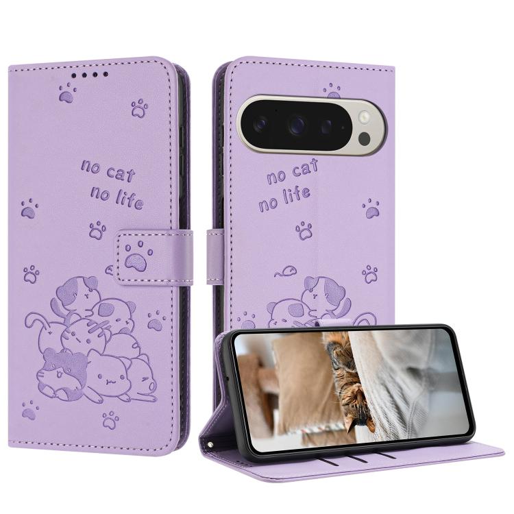 

For Google Pixel 10 Pro XL Embossed Kitten Phone Leather Case with Lanyard(Purple)