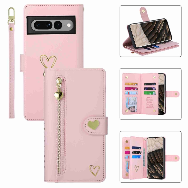 

For Google Pixel 7 Pro POLA Love Multi-Card Slots Zipper Wallet Leather Phone Case(Pink)