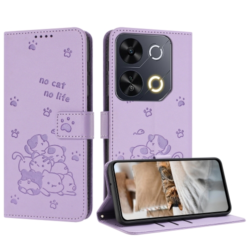 

For itel P65 4G / P671L Embossed Kitten Phone Leather Case with Lanyard(Purple)