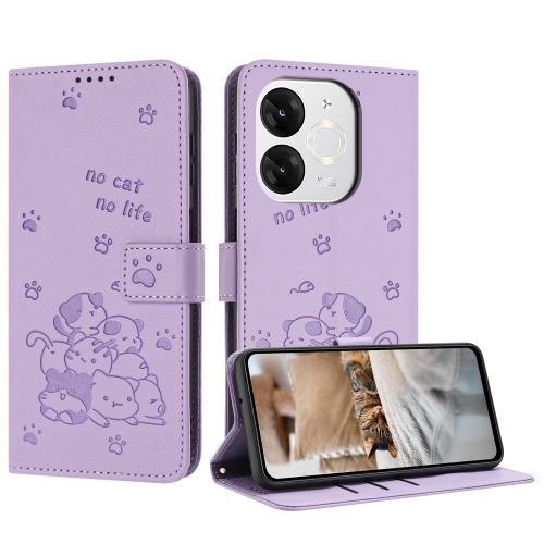 

For itel A80 Embossed Kitten Phone Leather Case with Lanyard(Purple)