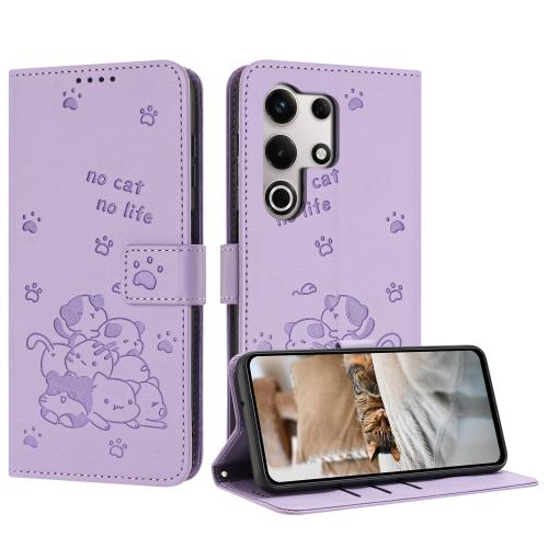 

For itel S25 Ultra Embossed Kitten Phone Leather Case with Lanyard(Purple)