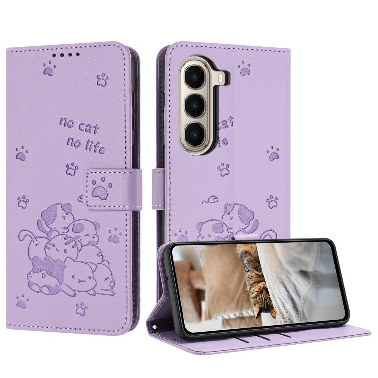 

For itel A95 5G Embossed Kitten Phone Leather Case with Lanyard(Purple)