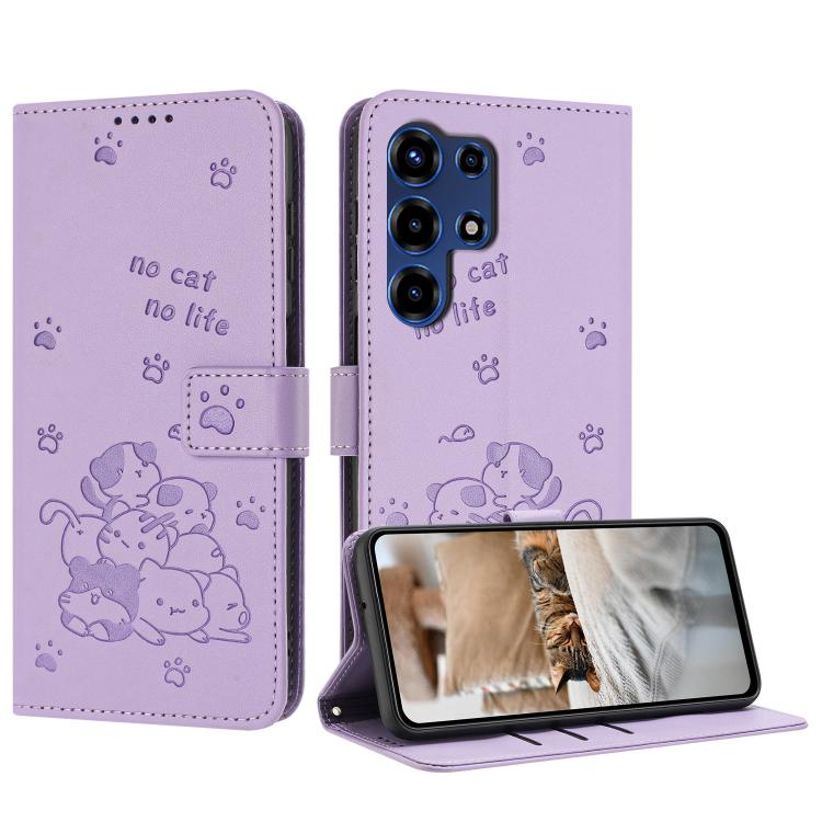 

For itel Super 26 Ultra Embossed Kitten Phone Leather Case with Lanyard(Purple)