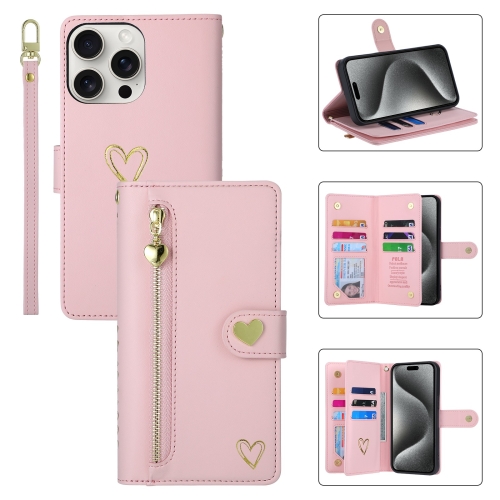 

For iPhone 15 Pro Max POLA Love Multi-Card Slots Zipper Wallet Leather Phone Case(Pink)