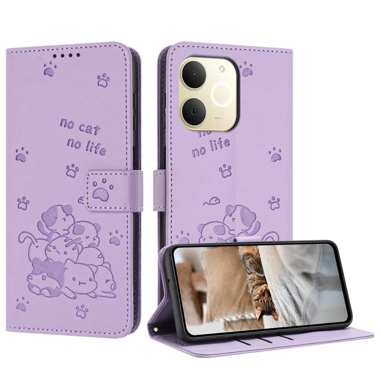 

For Realme Narzo 80 Lite 4G Embossed Kitten Phone Leather Case with Lanyard(Purple)