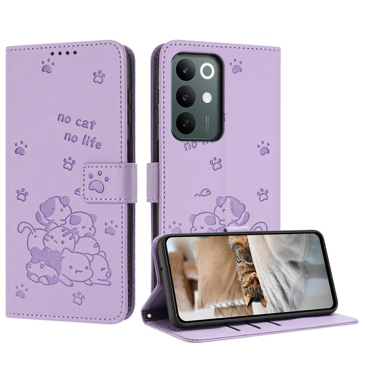 

For Realme C85 Pro 4G Embossed Kitten Phone Leather Case with Lanyard(Purple)