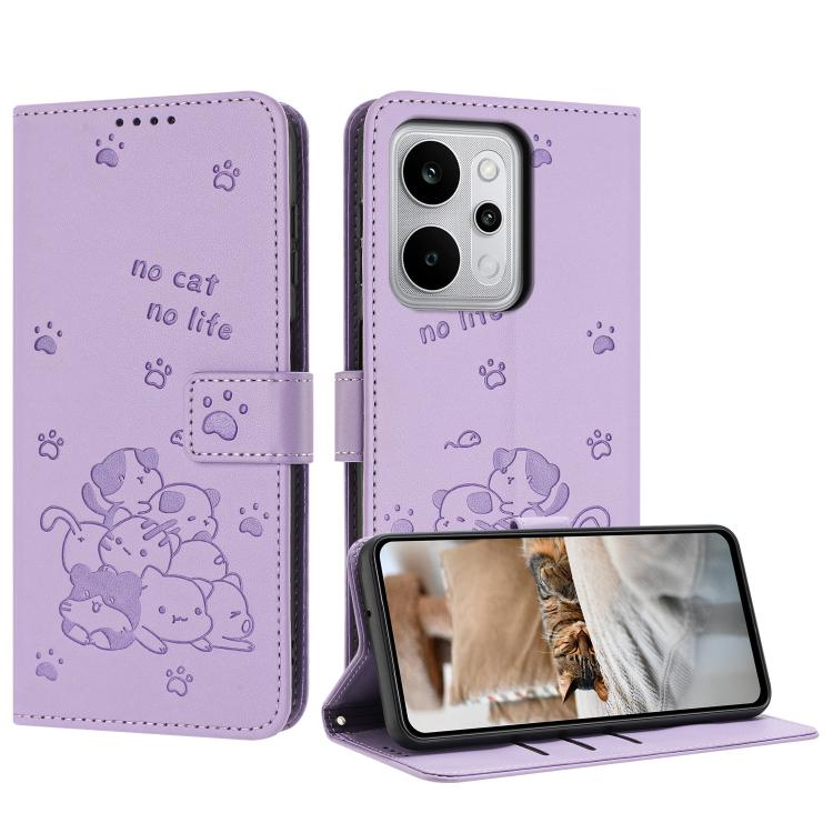 

For Realme P4 Power 5G Embossed Kitten Phone Leather Case with Lanyard(Purple)