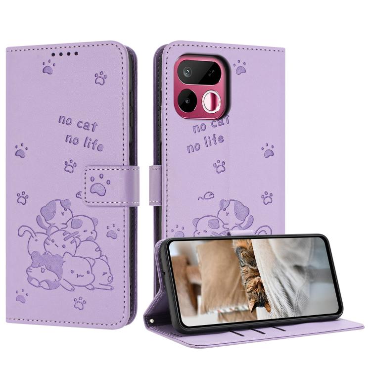 For Realme 16T 5G Embossed Kitten Phone Leather Case with Lanyard(Purple)