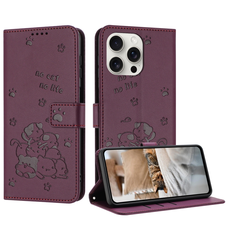 

For iPhone 15 Pro Max Embossed Kitten Phone Leather Case with Lanyard(Wine Red)
