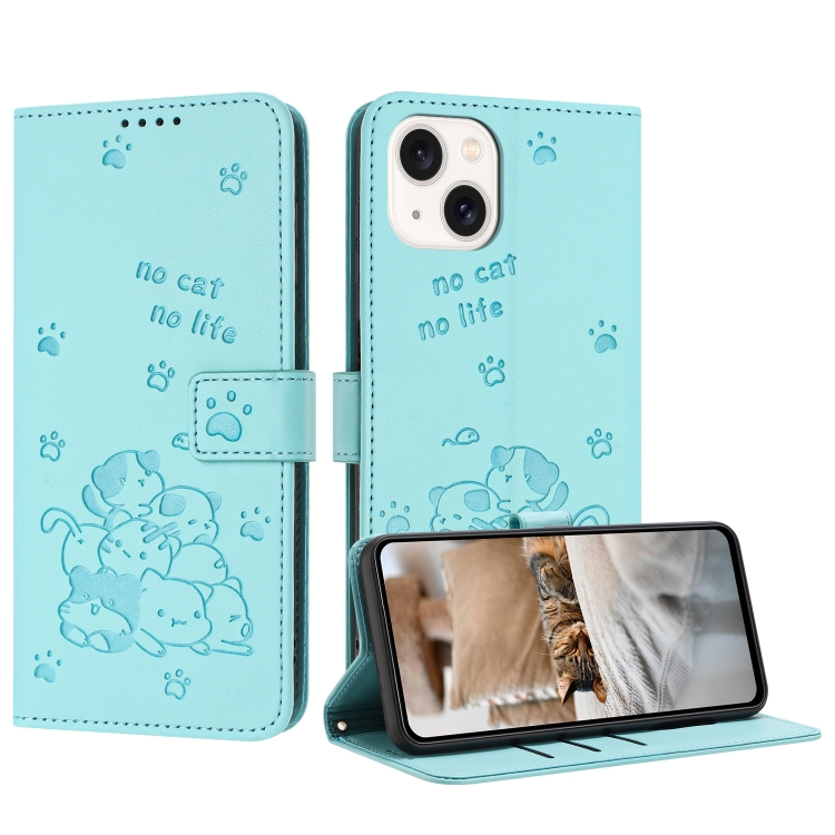 

For iPhone 15 Embossed Kitten Phone Leather Case with Lanyard(Mint Green)