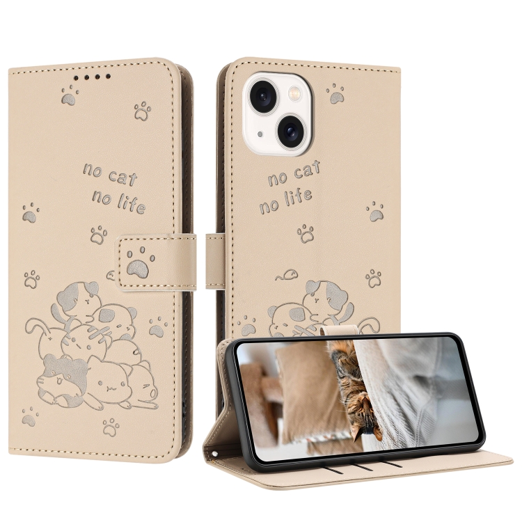 

For iPhone 14 Plus Embossed Kitten Phone Leather Case with Lanyard(Beige)