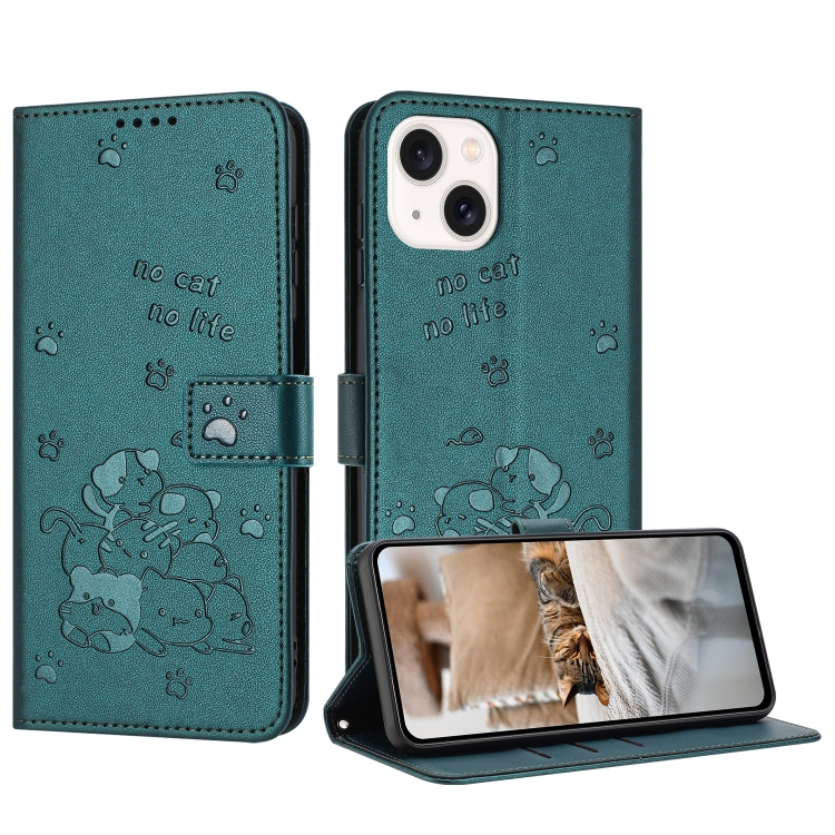 

For iPhone 14 / 13 Embossed Kitten Phone Leather Case with Lanyard(Dark Green)