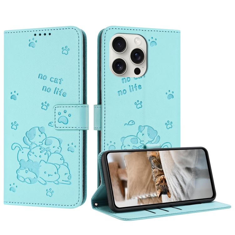 

For iPhone 13 Pro Max Embossed Kitten Phone Leather Case with Lanyard(Mint Green)