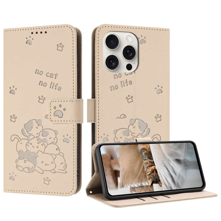 

For iPhone 13 Pro Embossed Kitten Phone Leather Case with Lanyard(Beige)