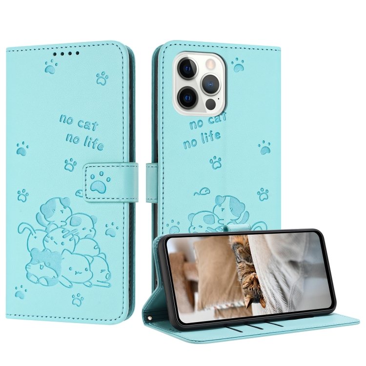 

For iPhone 12 Pro Max Embossed Kitten Phone Leather Case with Lanyard(Mint Green)