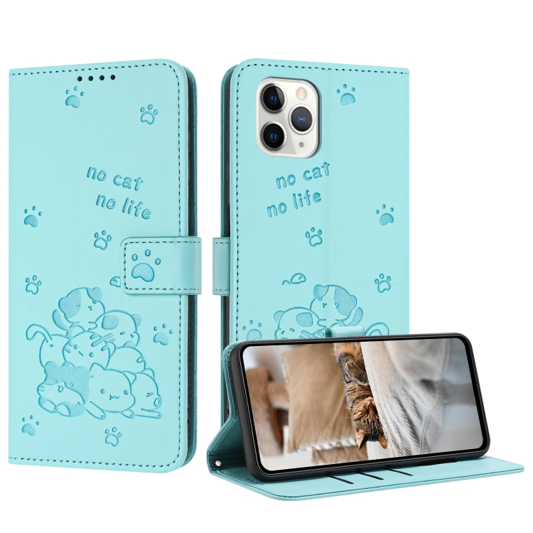 

For iPhone 11 Pro Max Embossed Kitten Phone Leather Case with Lanyard(Mint Green)