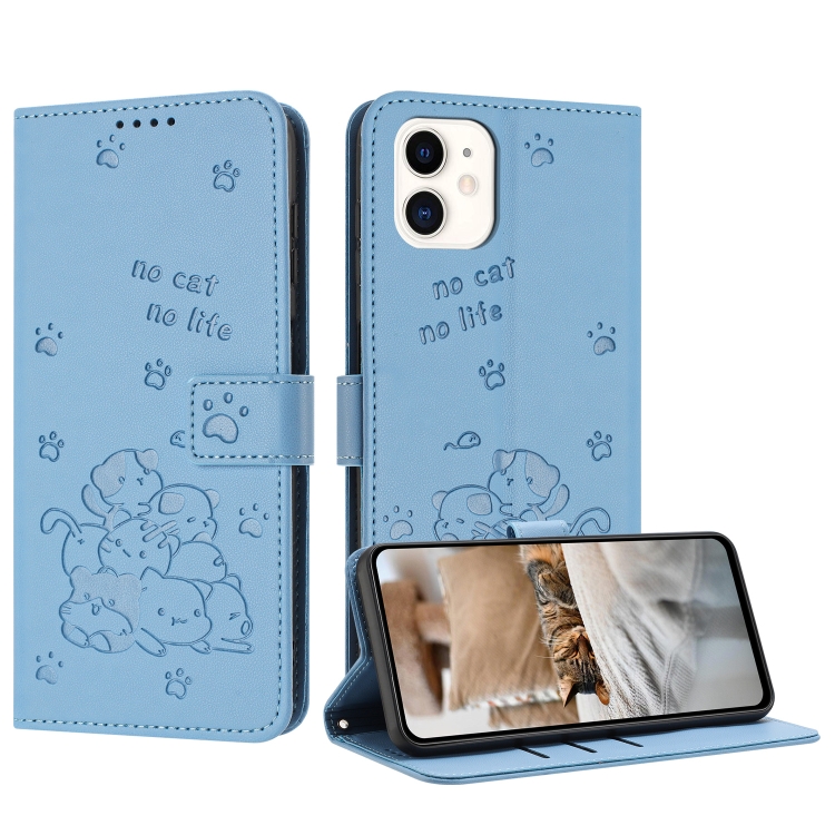 

For iPhone 11 Embossed Kitten Phone Leather Case with Lanyard(Blue)
