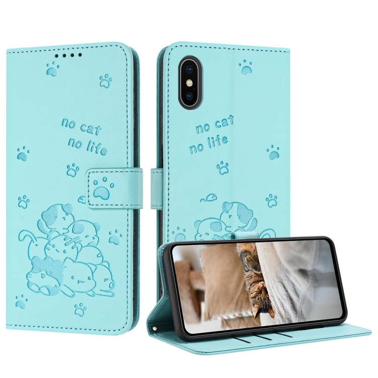 

For iPhone XS Max Embossed Kitten Phone Leather Case with Lanyard(Mint Green)