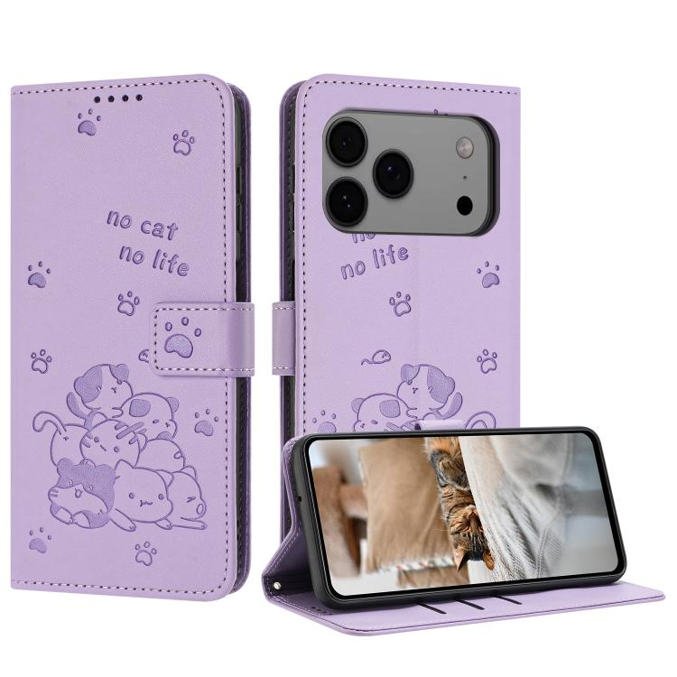 

For iPhone 17 Pro Max Embossed Kitten Phone Leather Case with Lanyard(Purple)