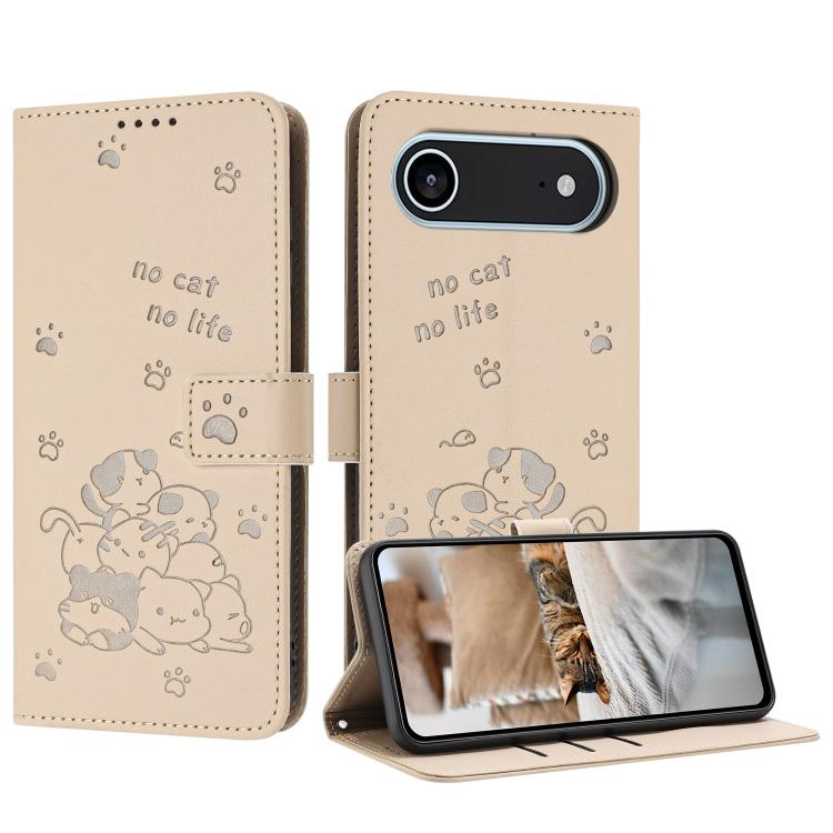 

For iPhone 17 Air Embossed Kitten Phone Leather Case with Lanyard(Beige)