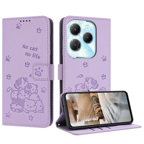 

For Infinix Hot 40 4G / 40 Pro 4G Embossed Kitten Phone Leather Case with Lanyard(Purple)