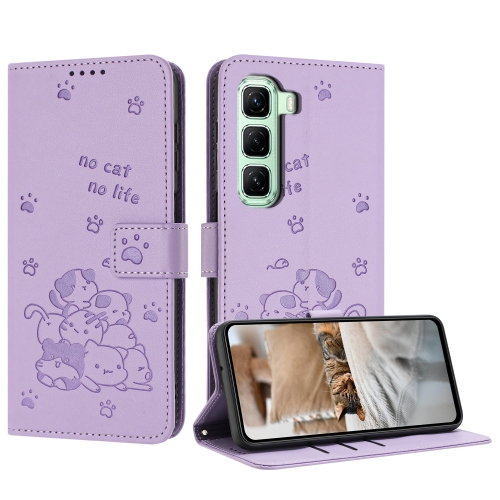 

For Infinix Hot 50 Pro 4G Embossed Kitten Phone Leather Case with Lanyard(Purple)