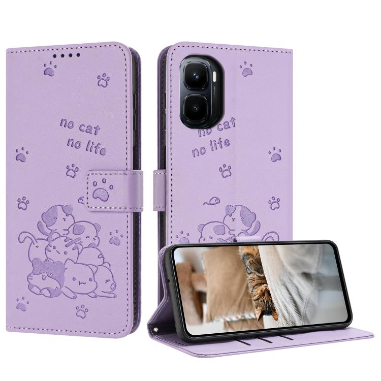 

For Infinix GT 50 Pro 5G Embossed Kitten Phone Leather Case with Lanyard(Purple)