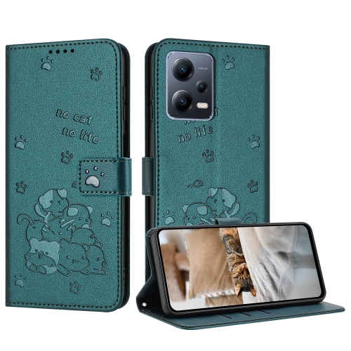 

For Xiaomi Poco X5 5G Embossed Kitten Phone Leather Case with Lanyard(Dark Green)