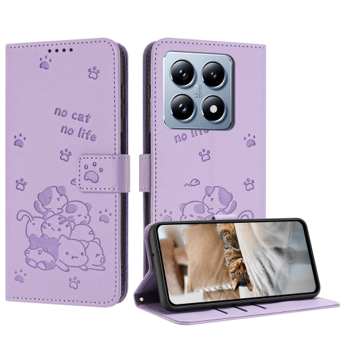 

For Xiaomi 14T Pro 5G Global Embossed Kitten Phone Leather Case with Lanyard(Purple)