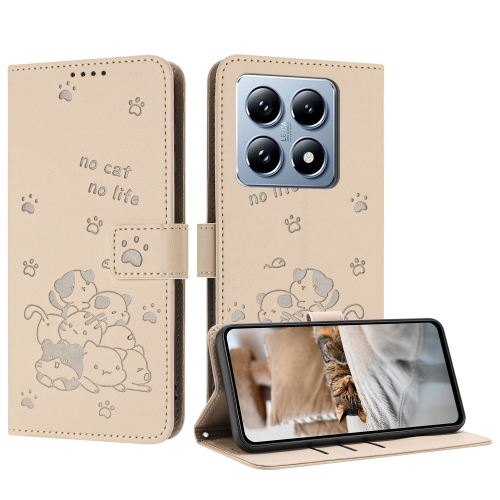 

For Xiaomi 14T Pro 5G Global Embossed Kitten Phone Leather Case with Lanyard(Beige)