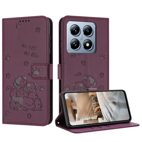 

For Xiaomi 14T Pro 5G Global Embossed Kitten Phone Leather Case with Lanyard(Wine Red)