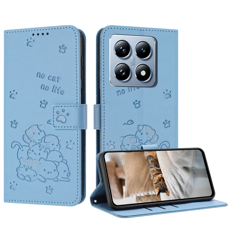 

For Xiaomi 14T Global Embossed Kitten Phone Leather Case with Lanyard(Blue)