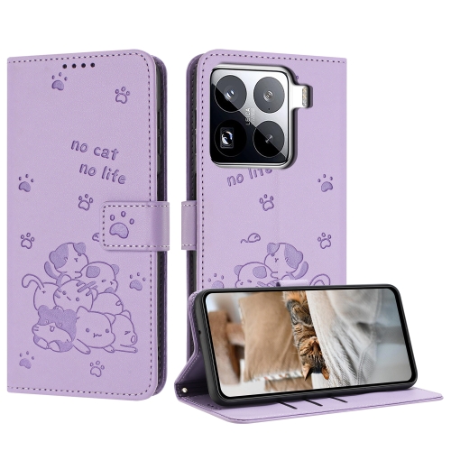 

For Xiaomi 15 Pro Embossed Kitten Phone Leather Case with Lanyard(Purple)