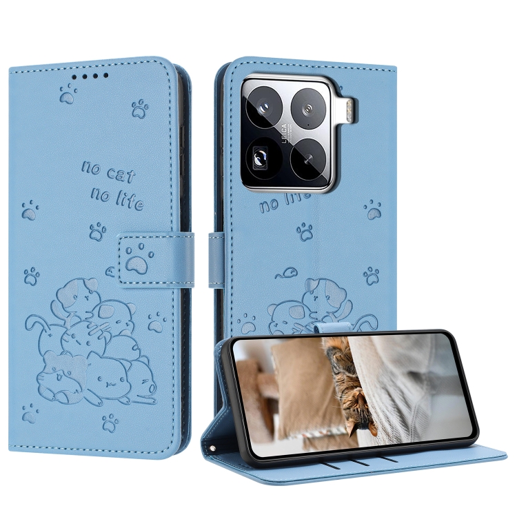

For Xiaomi 15 Pro Embossed Kitten Phone Leather Case with Lanyard(Blue)