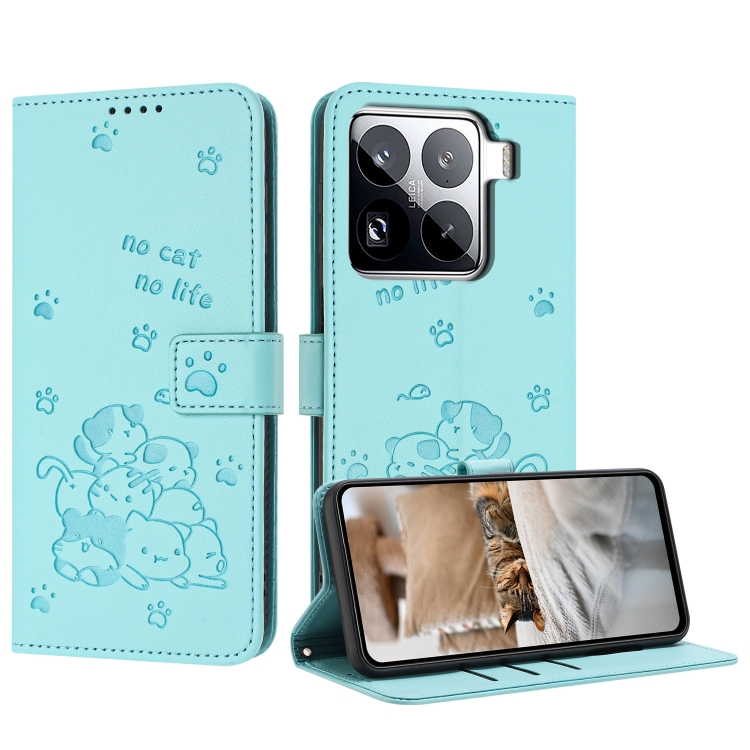 

For Xiaomi 15 Pro Embossed Kitten Phone Leather Case with Lanyard(Mint Green)