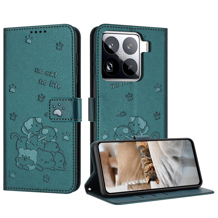 

For Xiaomi 15 Pro Embossed Kitten Phone Leather Case with Lanyard(Dark Green)