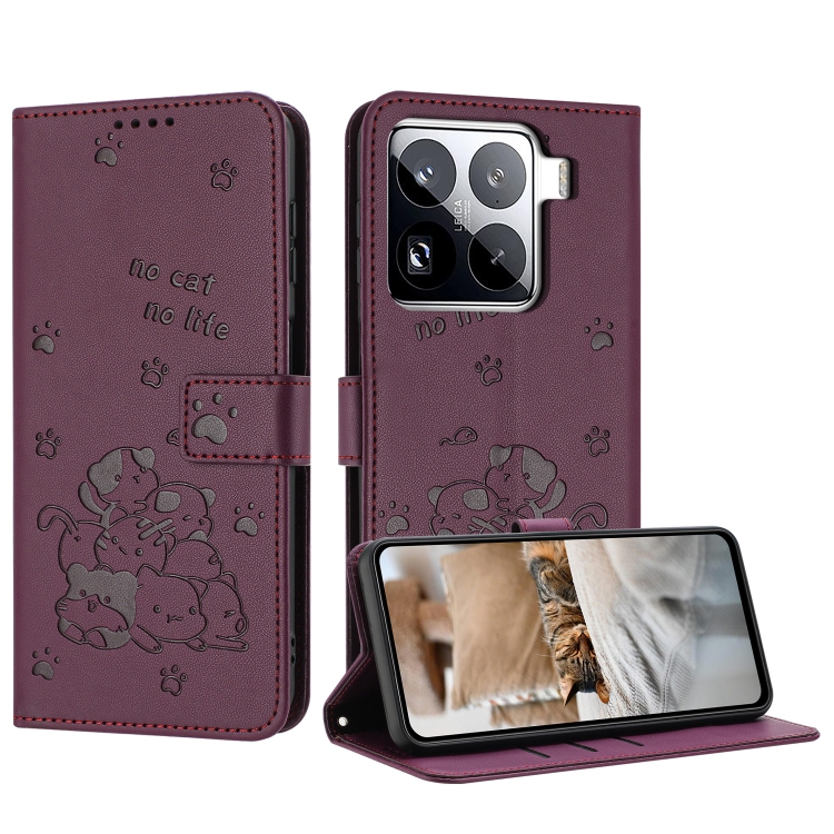 

For Xiaomi 15 Pro Embossed Kitten Phone Leather Case with Lanyard(Wine Red)