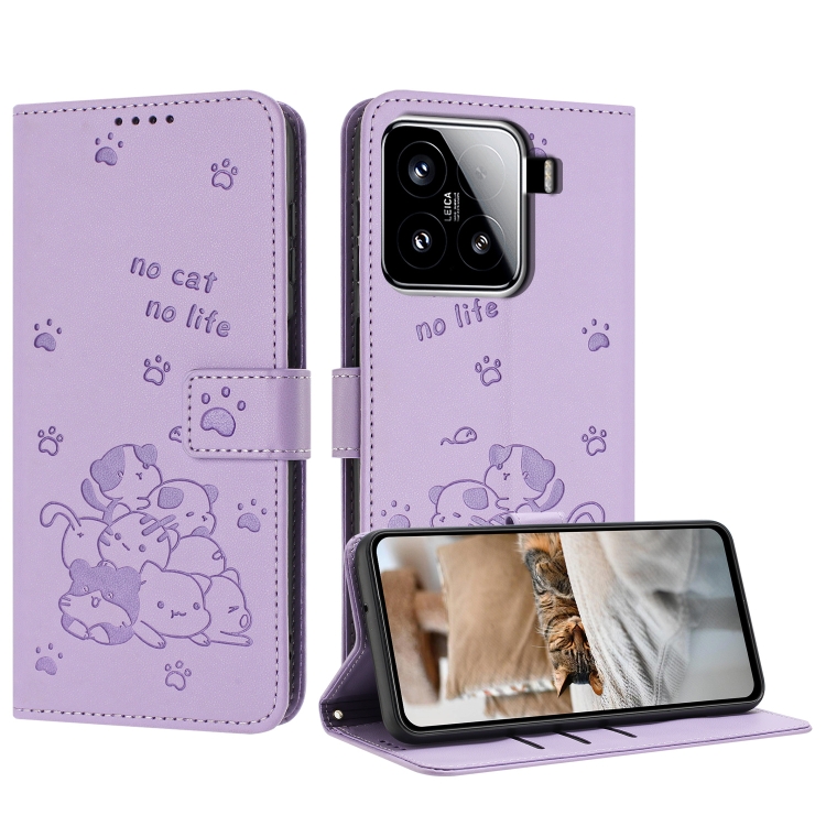 

For Xiaomi 15 Embossed Kitten Phone Leather Case with Lanyard(Purple)