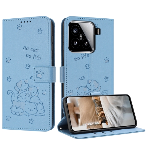 

For Xiaomi 15 Embossed Kitten Phone Leather Case with Lanyard(Blue)