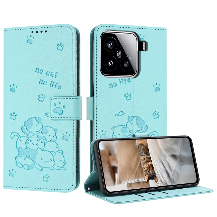 

For Xiaomi 15 Embossed Kitten Phone Leather Case with Lanyard(Mint Green)