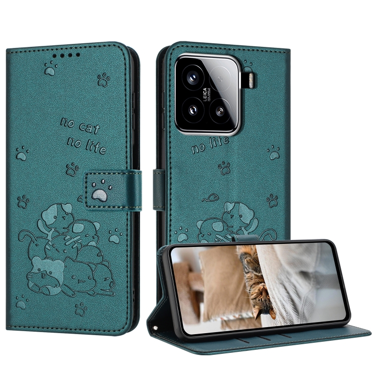 

For Xiaomi 15 Embossed Kitten Phone Leather Case with Lanyard(Dark Green)