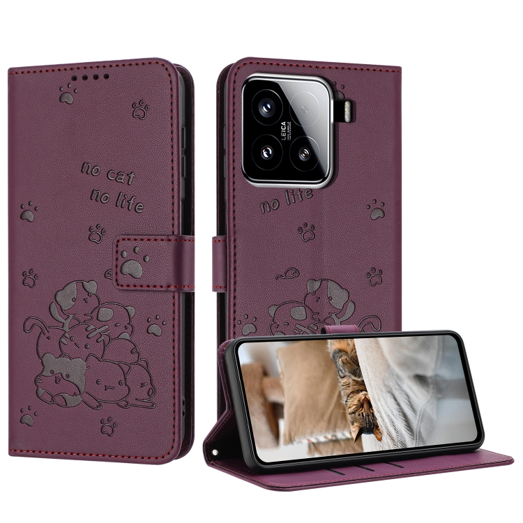 

For Xiaomi 15 Embossed Kitten Phone Leather Case with Lanyard(Wine Red)