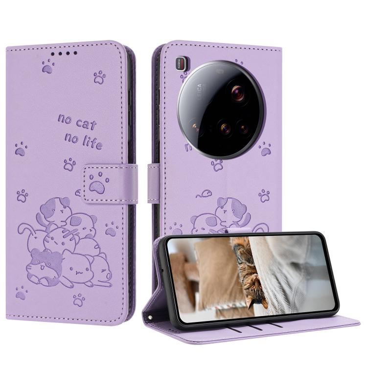 

For Xiaomi 15 Ultra Embossed Kitten Phone Leather Case with Lanyard(Purple)