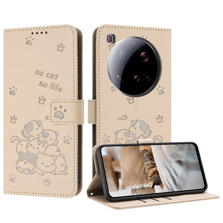 

For Xiaomi 15 Ultra Embossed Kitten Phone Leather Case with Lanyard(Beige)