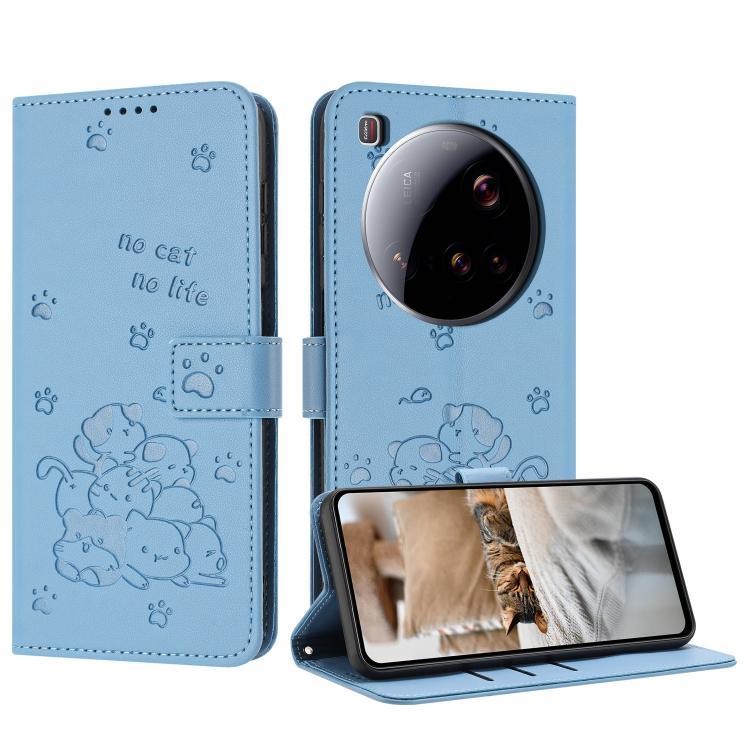 

For Xiaomi 15 Ultra Embossed Kitten Phone Leather Case with Lanyard(Blue)