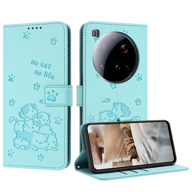 

For Xiaomi 15 Ultra Embossed Kitten Phone Leather Case with Lanyard(Mint Green)