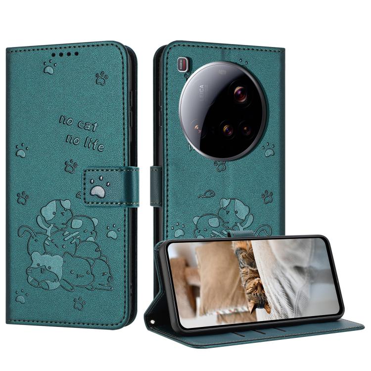 

For Xiaomi 15 Ultra Embossed Kitten Phone Leather Case with Lanyard(Dark Green)